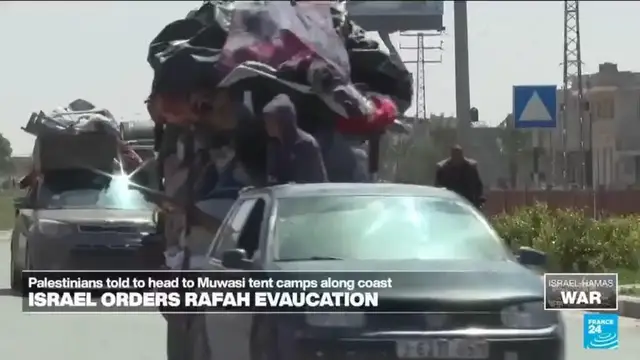 'Video thumbnail for Evacuees react to Israeli military order to leave southern Gaza'