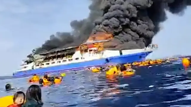 'Video thumbnail for Passengers jump from burning ship into the sea in Indonesia'