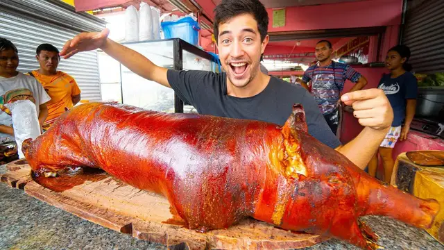 'Video thumbnail for Filipino Street Food!! Cebu's #1 LECHON in CARCAR + Chicharron Factory in The Philippines!'
