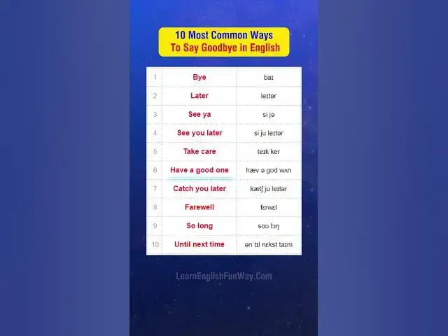 'Video thumbnail for 10 Most Common Ways To Say Goodbye in English #shorts'