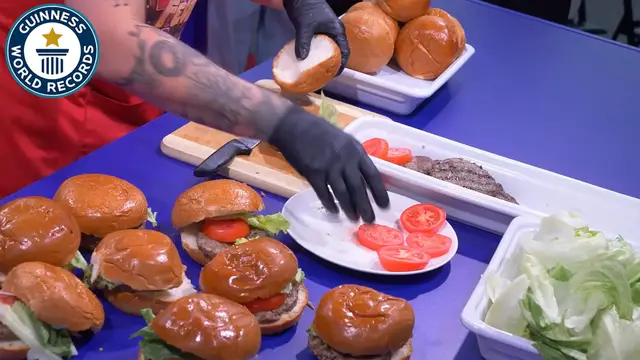 'Video thumbnail for New record set for most burgers assembled in one minute'