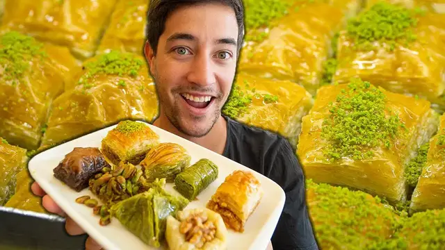 'Video thumbnail for Turkish Street Food in Istanbul!! BAKLAVA HEAVEN + Street Food Tour in Türkiye Bazaar!'
