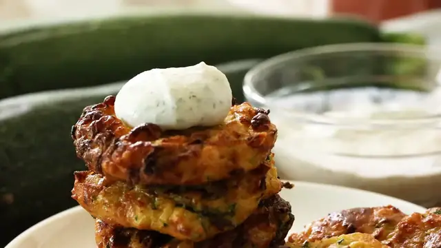 'Video thumbnail for BEST Crispy Parmesan Zucchini Fritters w⁄ Creamy Cottage Cheese Dill Dip ¦ Air Fryer & Frying Pan (720p 30fps)'