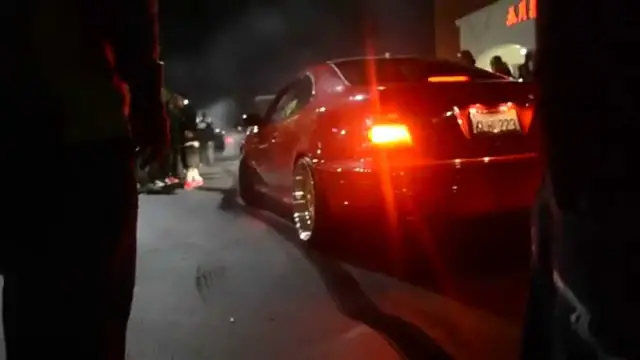 'Video thumbnail for Fox Body Mustang burnout shits on V.I.P. Mercedes BURNOUT FAIL'