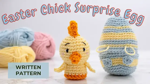 'Video thumbnail for Easter Chick surprise egg crochet pattern. Little chick free amigurumi pattern.'