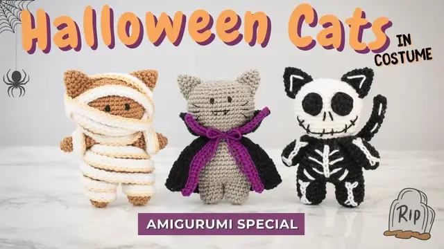 'Video thumbnail for Amigurumi Halloween cats in costume - free crochet pattern'