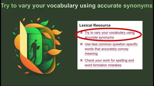 'Video thumbnail for IELTS Free Essay Check: Try to vary your vocabulary using accurate synonyms'
