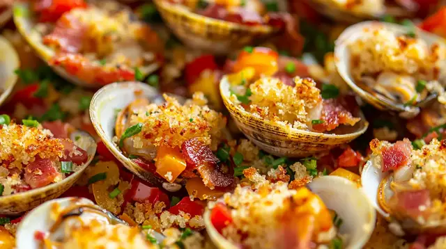 'Video thumbnail for Baked Little Neck Clams with Bacon, Bell Peppers, and Breadcrumbs – A Delicious Seafood Appetizer'