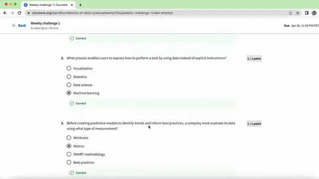 'Video thumbnail for foundations of data science coursera week 1 quiz answers || Google Advanced Data Analytics'