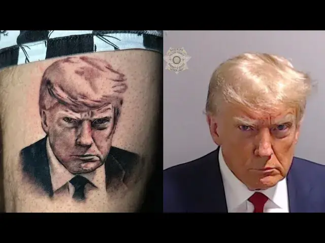 'Video thumbnail for Lil Pump tattoos Donald Trump's mugshot on his leg'