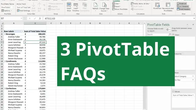 'Video thumbnail for 3 PivotTable FAQs in Excel - Helpful PivotTable Tips'