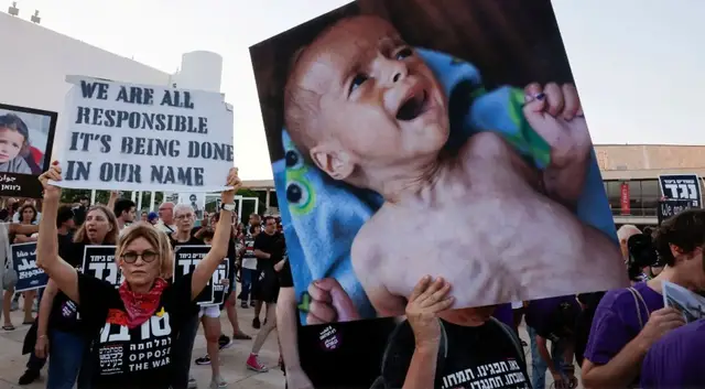 'Video thumbnail for Protesters in Tel Aviv call for Israel to stop starving Gaza and end the war'
