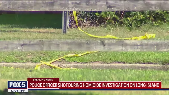 'Video thumbnail for Police officer struck by gunfire during homicide investigation on Long Island'