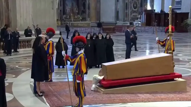 'Video thumbnail for Donald Trump shares private moment with Pope Francis coffin ahead of funeral'