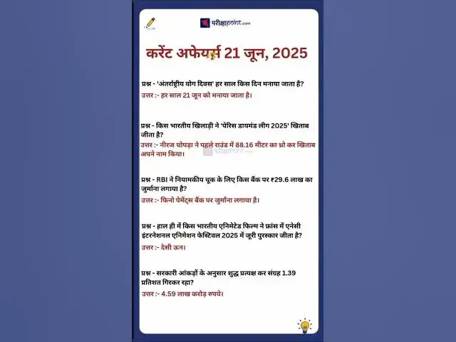 'Video thumbnail for 21 June 2025 Current Affairs in Hindi #hindicurrenttaffairs #gkinhindi #todaycurrentaffairs'