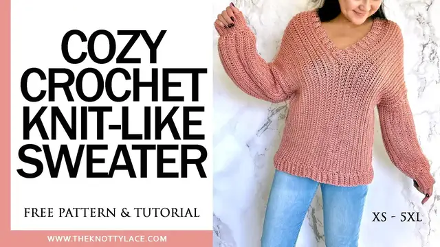 'Video thumbnail for Crochet V Neck Knit Like Sweater for Beginners (Free Written Pattern in description)'