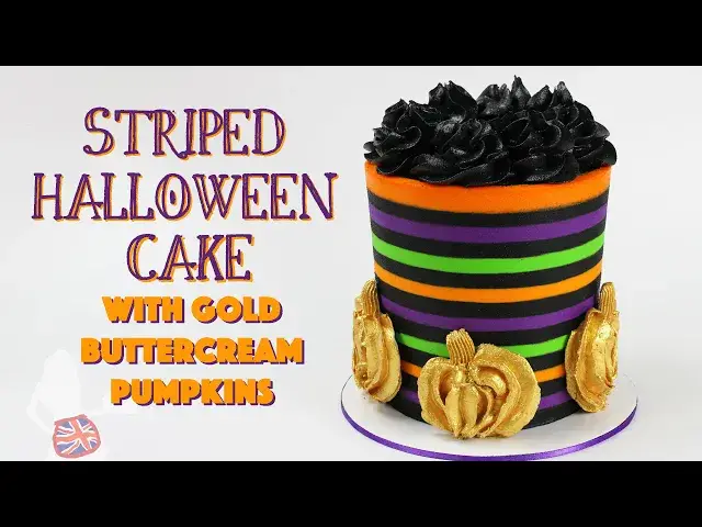 'Video thumbnail for Striped Halloween Cake With Gold Buttercream Pumpkins'