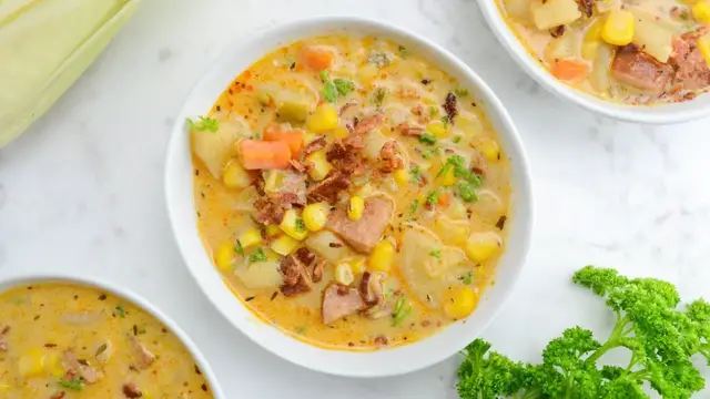 'Video thumbnail for Cajun-Style Corn Chowder Recipe'