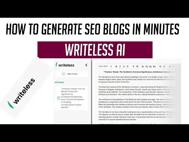 'Video thumbnail for How to Generate SEO Blogs in Minutes Using Writeless AI'