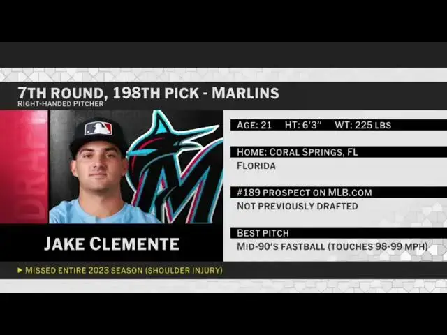 'Video thumbnail for Miami Marlins Select Jake Clemente with No. 198 Pick in 2025 MLB Draft!'