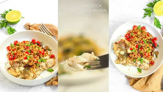 'Video thumbnail for Spiced Haddock with Quinoa and Raisin Salad'